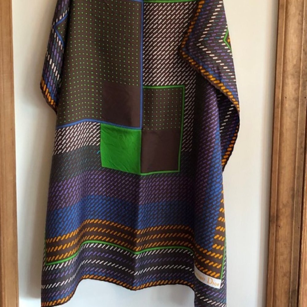 CHRISTIAN DIOR Silk Geometric Large Square Scarf Earth Tones Vintage - Picture 11 of 16